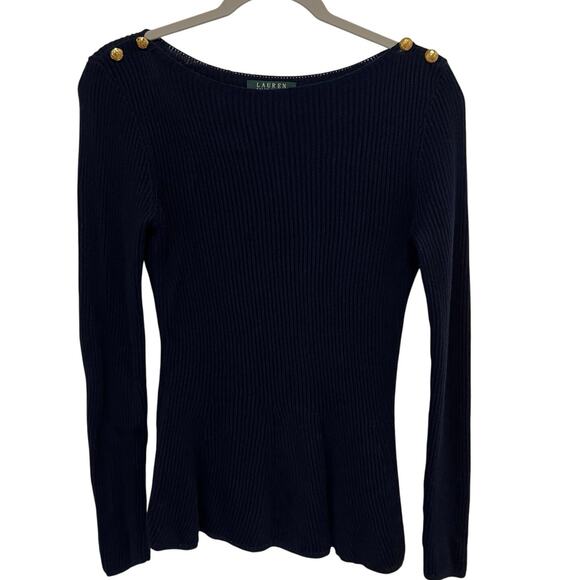 Ralph Lauren LRL Peplum Sweater Women’s Size Medium Navy Gold Buttons Nautical - Picture 1 of 11